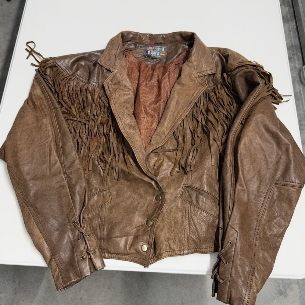 Sport Club Leather Fringe Jacket Womens L Brown Good Western Boho Vtg 90s Coat